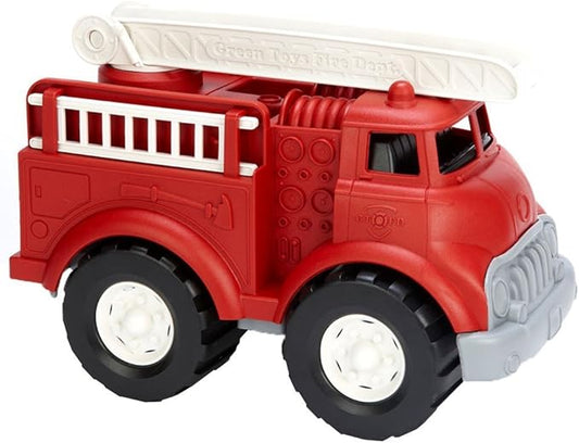 Red toy fire truck with a white ladder on a white background
