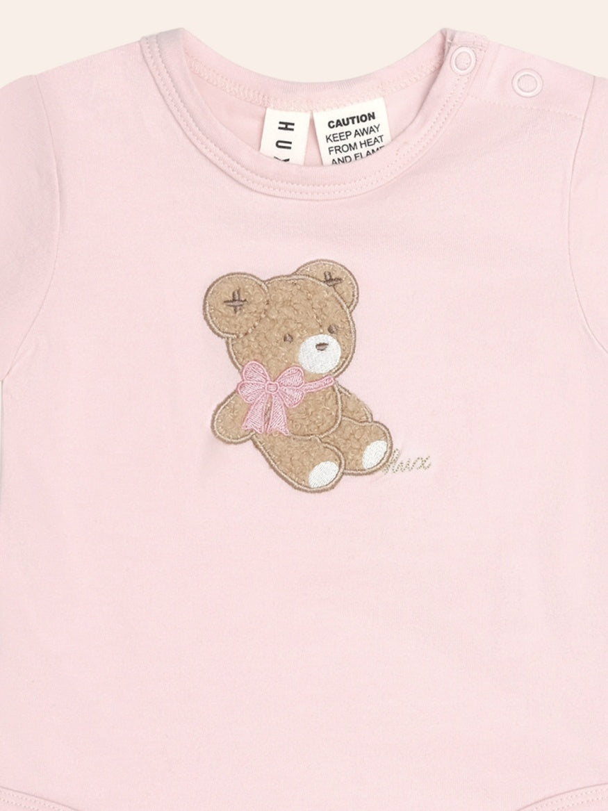 Cute Bear Huxbaby Bow Huxette Short Sleeve Bodysuit in soft baby fabric with cute bow detail, designed for comfortable everyday wear.