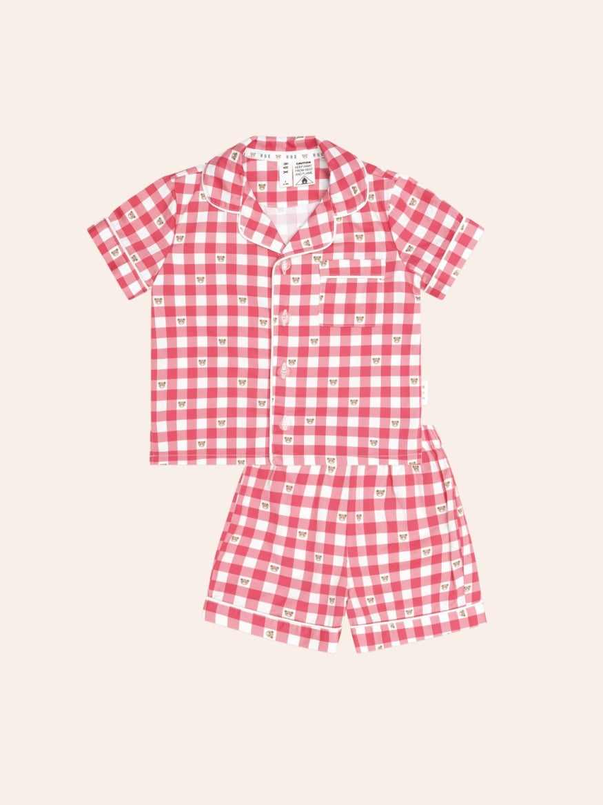 Huxbaby Huxbear Check PJ Set with cosy button-up shirt and shorts for kids’ Christmas sleepwear.