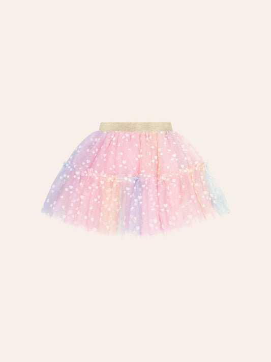 Huxbaby Rainbow Flocked Hearts Tiered Skirt with rainbow heart print and floaty layers for girls.
