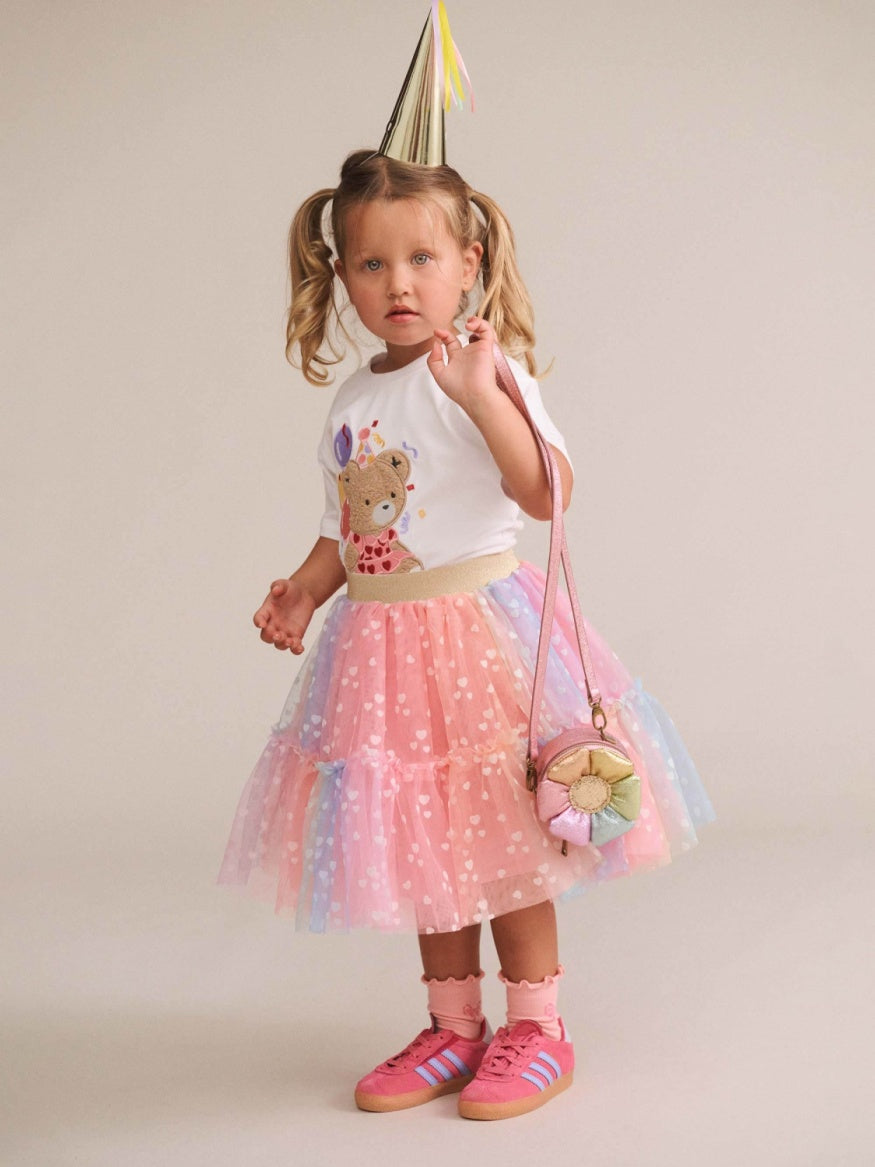 Huxbaby Rainbow Flocked Hearts Tiered Tulle Skirt featuring colourful heart details, soft layered tiers, and a playful twirl-ready design for kids.