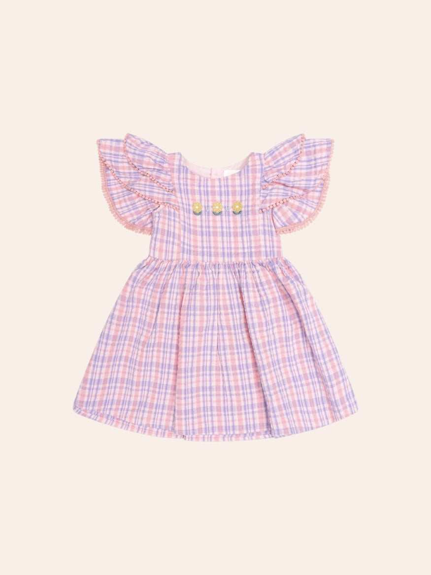 Huxbaby Floral Tropical Check Girls Dress with embroidered flowers, flutter sleeves, and a soft summer style for kids.