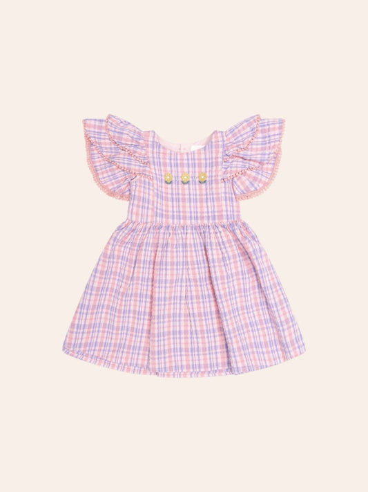 Huxbaby Floral Tropical Check Girls Dress with embroidered flowers, flutter sleeves, and a soft summer style for kids.