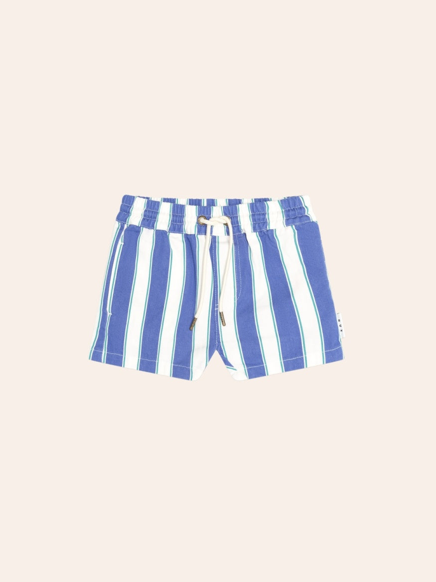 Huxbaby Tropical Stripe Drawcord Shorts featuring a bold tropical stripe pattern, relaxed fit, adjustable drawcord waistband, and lightweight summer design.