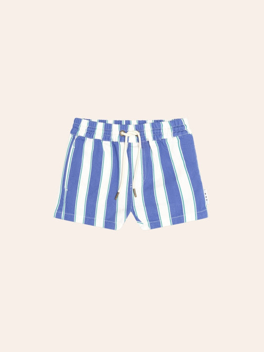 Huxbaby Tropical Stripe Drawcord Shorts featuring a bold tropical stripe pattern, relaxed fit, adjustable drawcord waistband, and lightweight summer design.