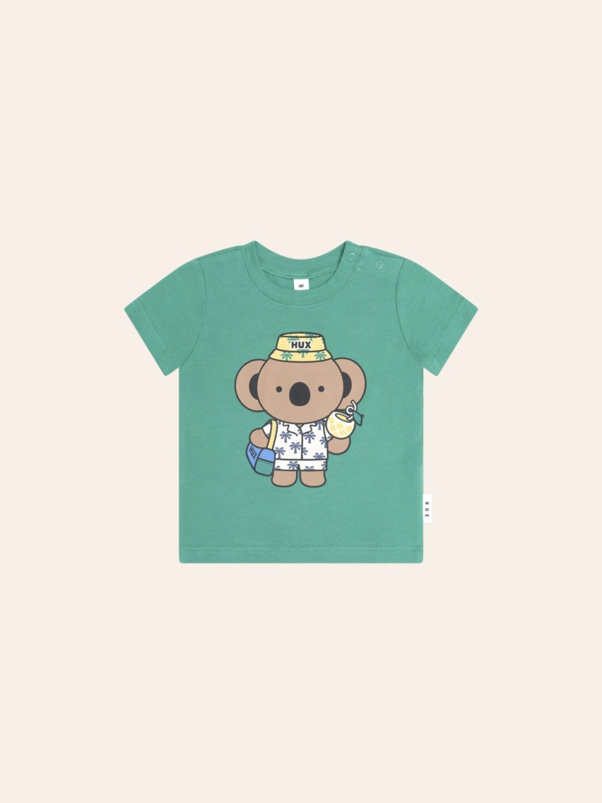 Huxbaby Vacay Kel Tee featuring a soft relaxed fit, lightweight fabric, koala print and casual kids’ t-shirt design for everyday comfort.