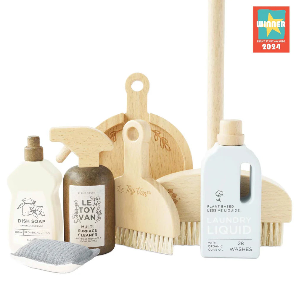Cleaning supplies including bottles, a brush, and a dustpan on a white background with 'Le Toy Van' branding.