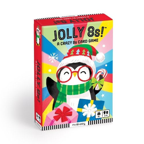 Mudpuppy Jolly 8s! Card Game in a colourful holiday-themed box featuring festive animal illustrations, suitable for children aged 4 and up.