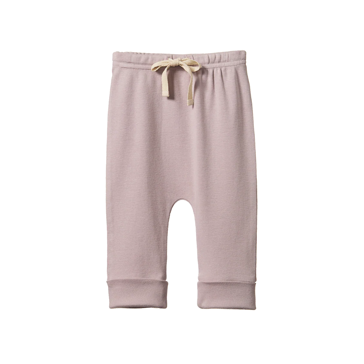 Nature Baby lilac drawstring pants made from soft fabric, featuring an elastic waistband with an adjustable drawstring, relaxed straight-leg fit, and a minimalist design in a light pastel purple color.