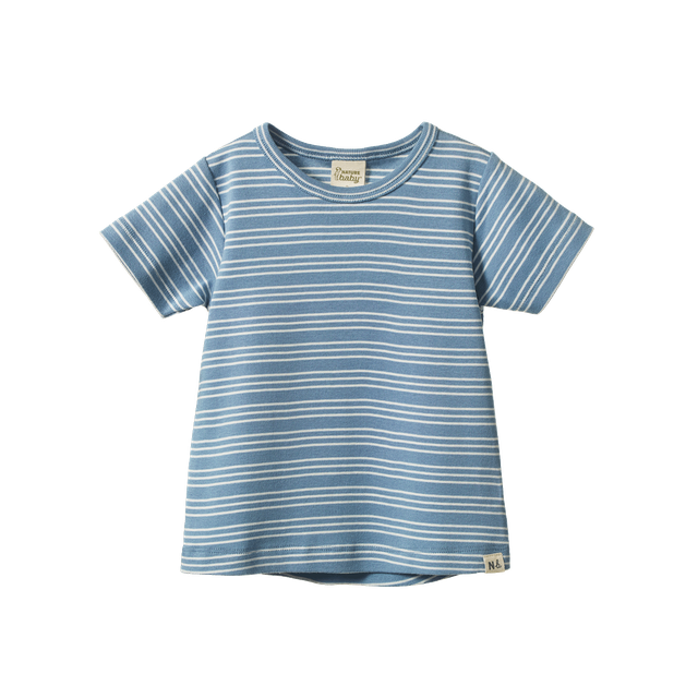 Nature Baby River Tee in Blue Stripe Trio, featuring a soft organic cotton short-sleeve t-shirt with three blue stripe tones across the fabric. The classic crew neck tee has a relaxed fit and simple everyday design for comfortable children's wear.