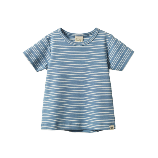 Nature Baby River Tee in Blue Stripe Trio, featuring a soft organic cotton short-sleeve t-shirt with three blue stripe tones across the fabric. The classic crew neck tee has a relaxed fit and simple everyday design for comfortable children's wear.