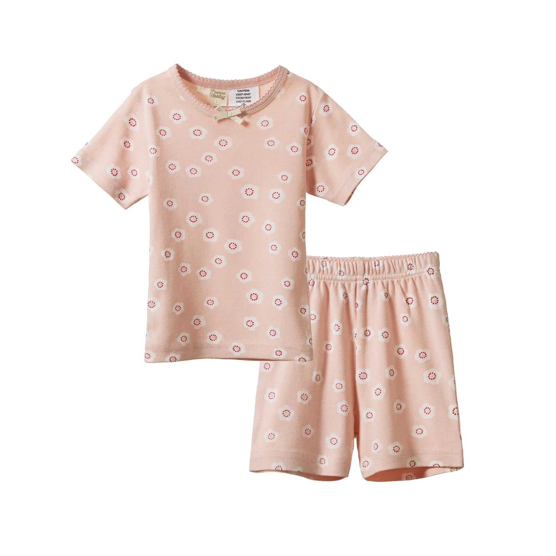 Nature Baby Shortie Pyjama Set in Flora Stamp Rose Dust print, featuring a short-sleeve crew neck top and matching shorts in soft organic cotton with an all-over floral print.