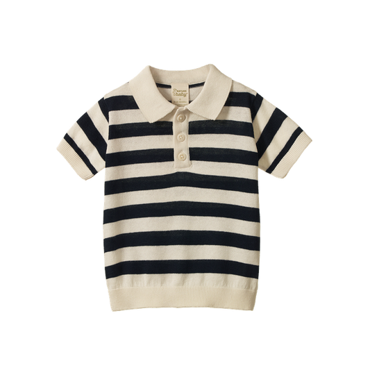 Nature Baby Stevie Polo in Navy Bold Stripe, featuring a classic short-sleeve polo shirt with wide navy and contrasting stripe pattern. The organic cotton shirt has a traditional polo collar, button placket, relaxed fit, and comfortable everyday style for children.