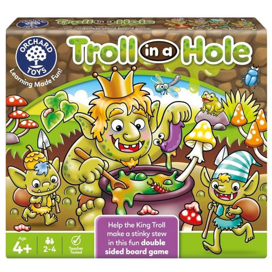 Orchard Toys Troll In A Hole educational family board game featuring trolls, bug collecting gameplay and a colourful game board for children aged 4+.