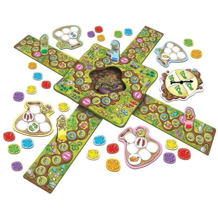 Pieces in Orchard Toys Troll In A Hole educational family board game featuring trolls, bug collecting gameplay and a colourful game board for children aged 4+.