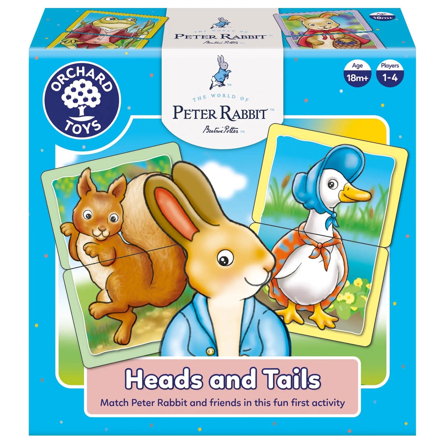 Orchard Toys Peter Rabbit Heads and Tails game featuring colourful matching cards with Peter Rabbit characters and woodland illustrations.