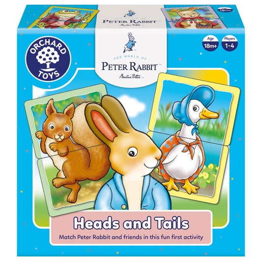 Orchard Toys Peter Rabbit Heads and Tails game featuring colourful matching cards with Peter Rabbit characters and woodland illustrations.