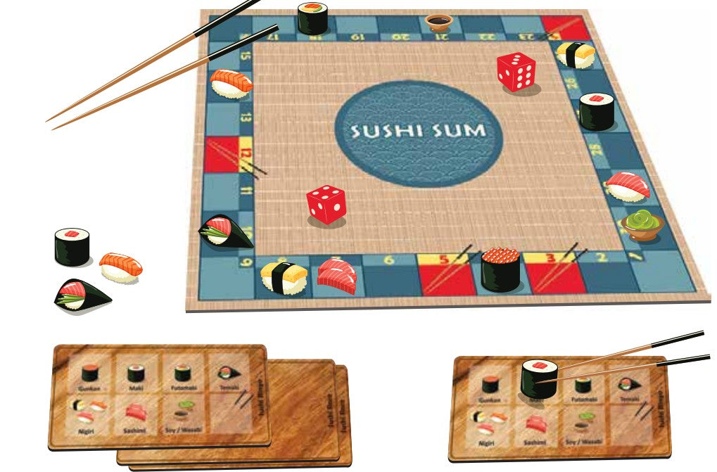 Purple Cow Sushi Sum Game for kids featuring sushi-themed addition and maths challenges
