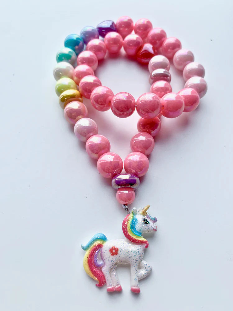 Red Bobble Necklace Pink Glitter Unicorn