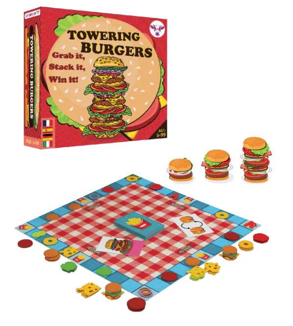 The Purple Cow Towering Burgers stacking toy with colorful burger pieces arranged to create a tall pretend-play burger tower.