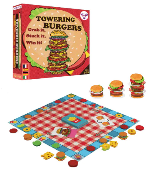 The Purple Cow Towering Burgers stacking toy with colorful burger pieces arranged to create a tall pretend-play burger tower.