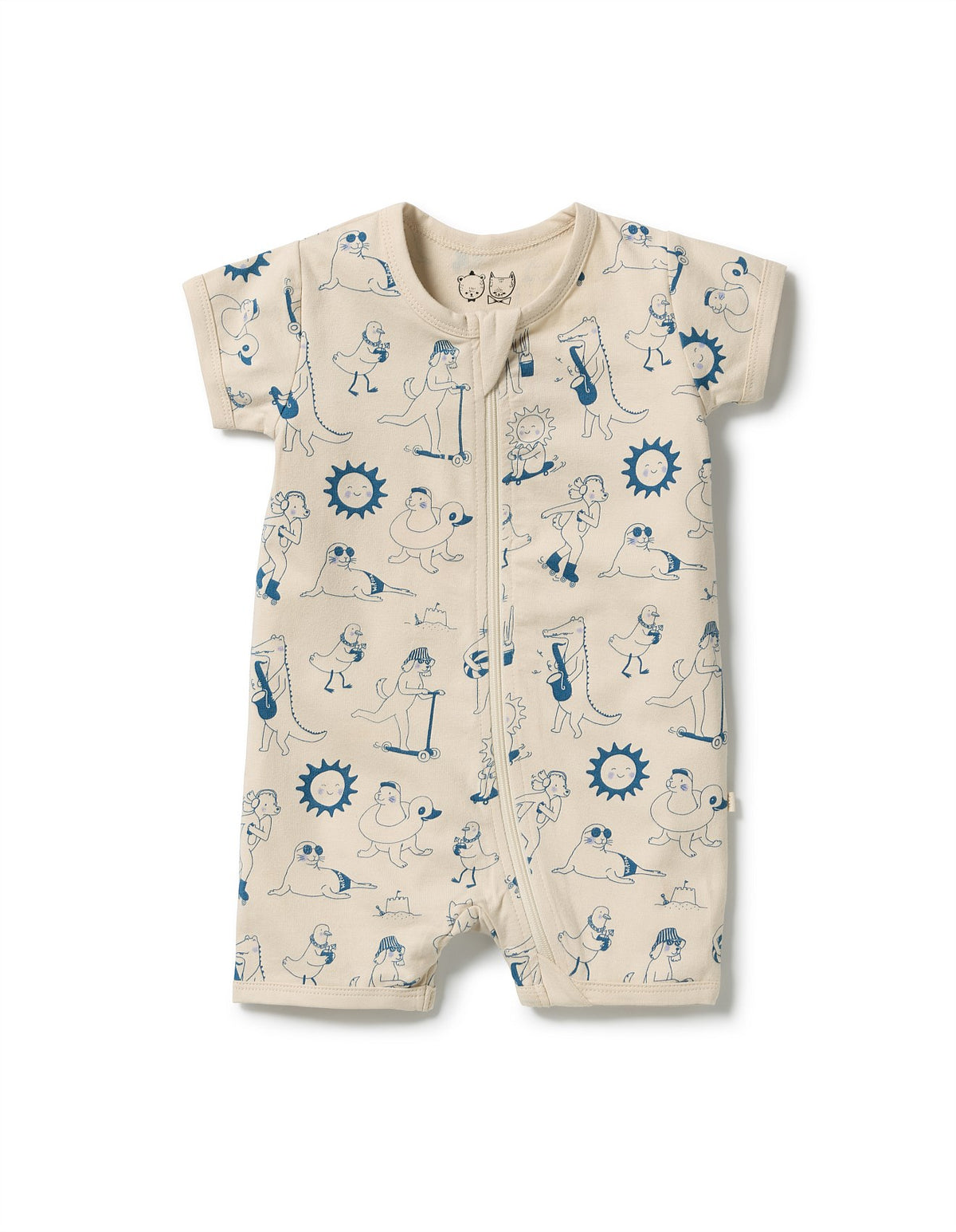 Wilson & Frenchy Tout Est Magique Organic Boyleg Zipsuit in a whimsical all-over print, featuring short sleeves, a full-length front zip, and a soft organic cotton design for babies.