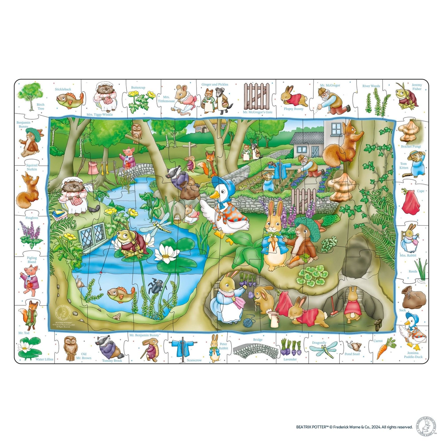 Preschool Orchard Toys World of Peter Rabbit 50-piece puzzle featuring Peter Rabbit and woodland friends in a colourful garden setting.