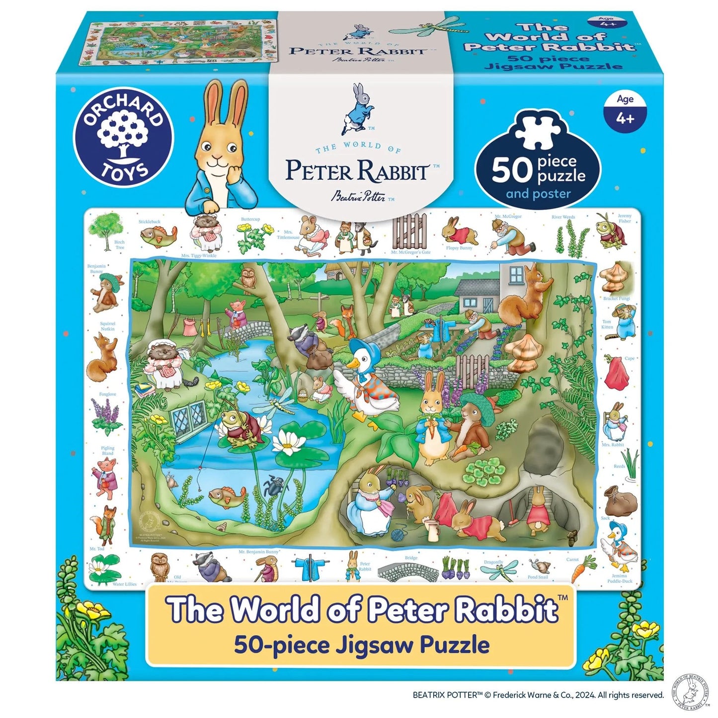 Orchard Toys World of Peter Rabbit 50-piece puzzle featuring Peter Rabbit and woodland friends in a colourful garden setting.