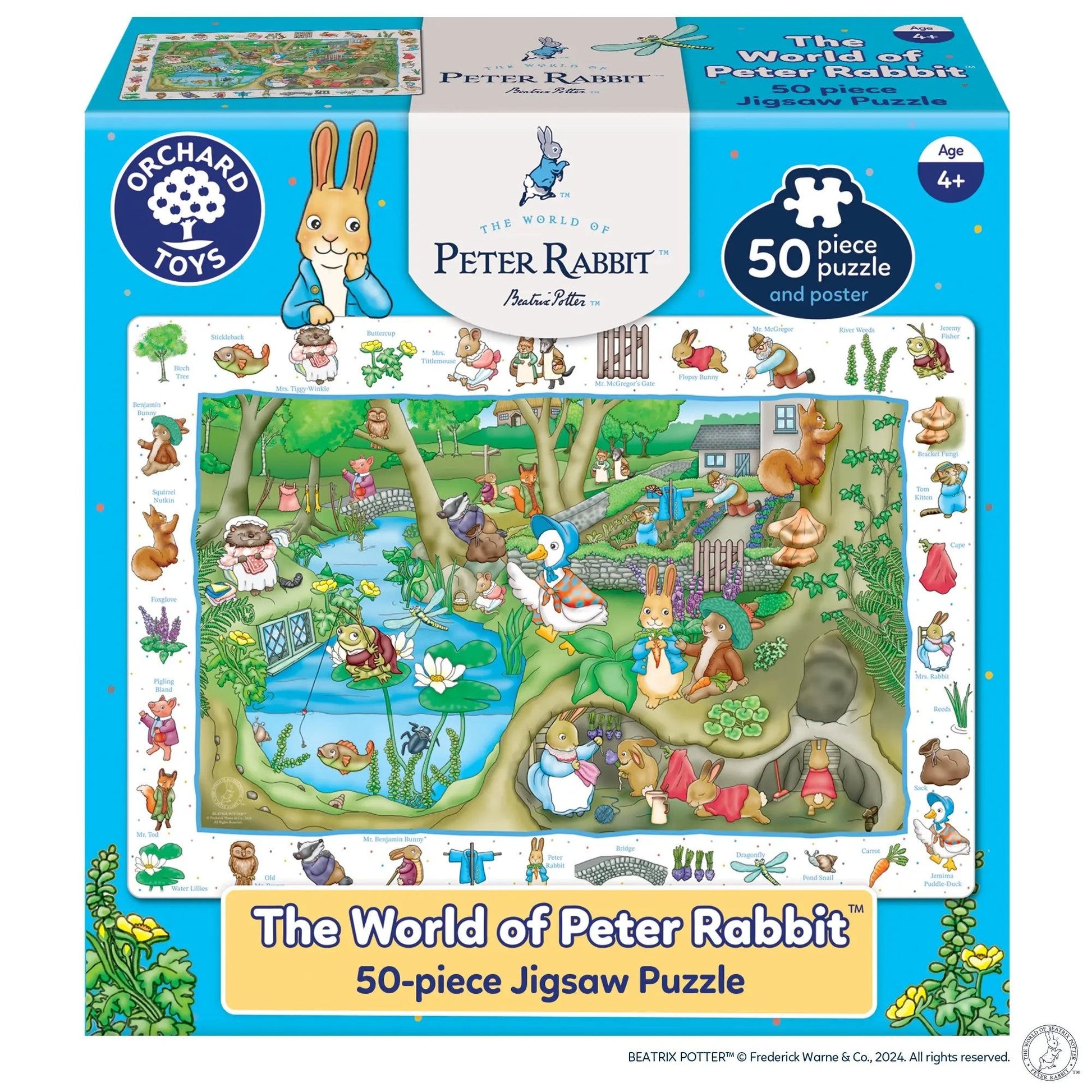Orchard Toys World of Peter Rabbit 50-piece puzzle featuring Peter Rabbit and woodland friends in a colourful garden setting.