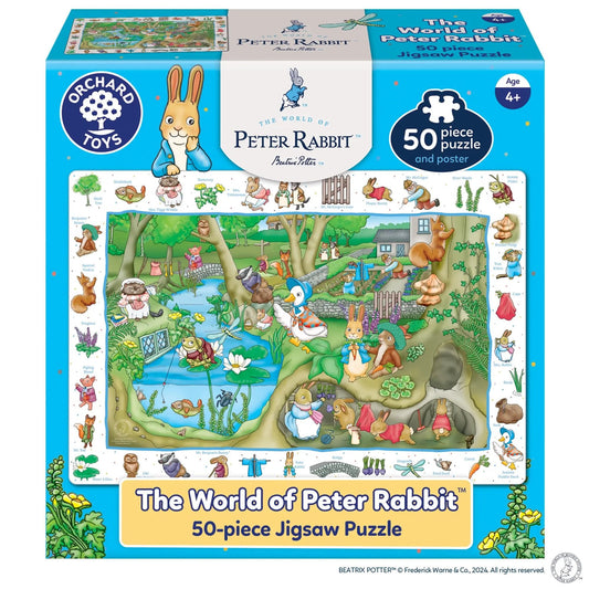 Orchard Toys World of Peter Rabbit 50-piece puzzle featuring Peter Rabbit and woodland friends in a colourful garden setting.